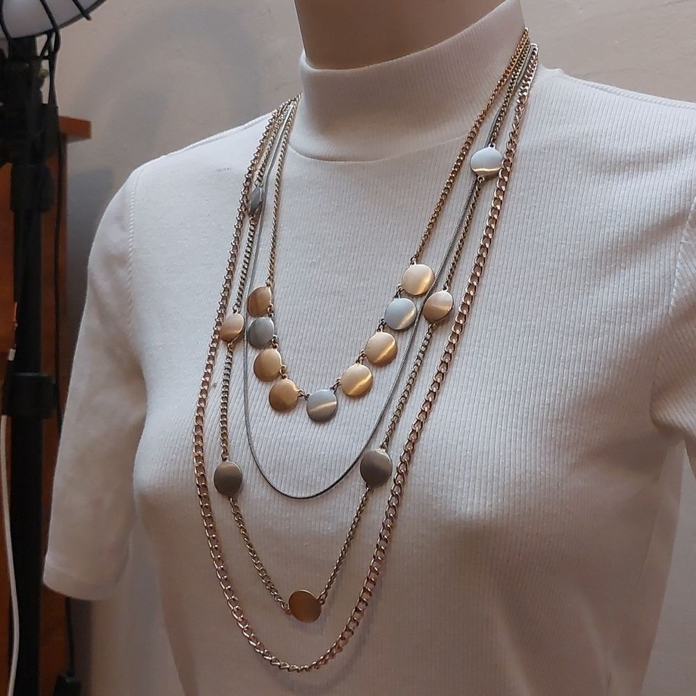 Trendy Chic 4 Layered Two Tone Gold Silver Statement Necklace - Picture 2 of 5